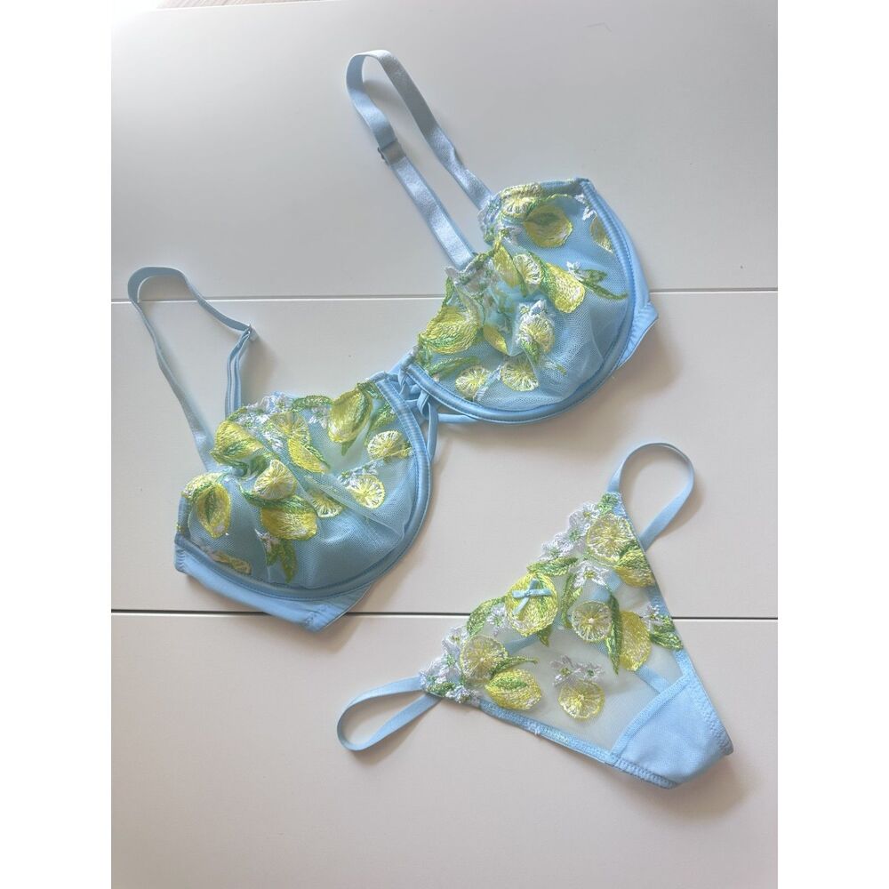 Victoria’s Secret Dream Angels Bra 34DD Panty XS Lemon Embroidered Lingerie Set